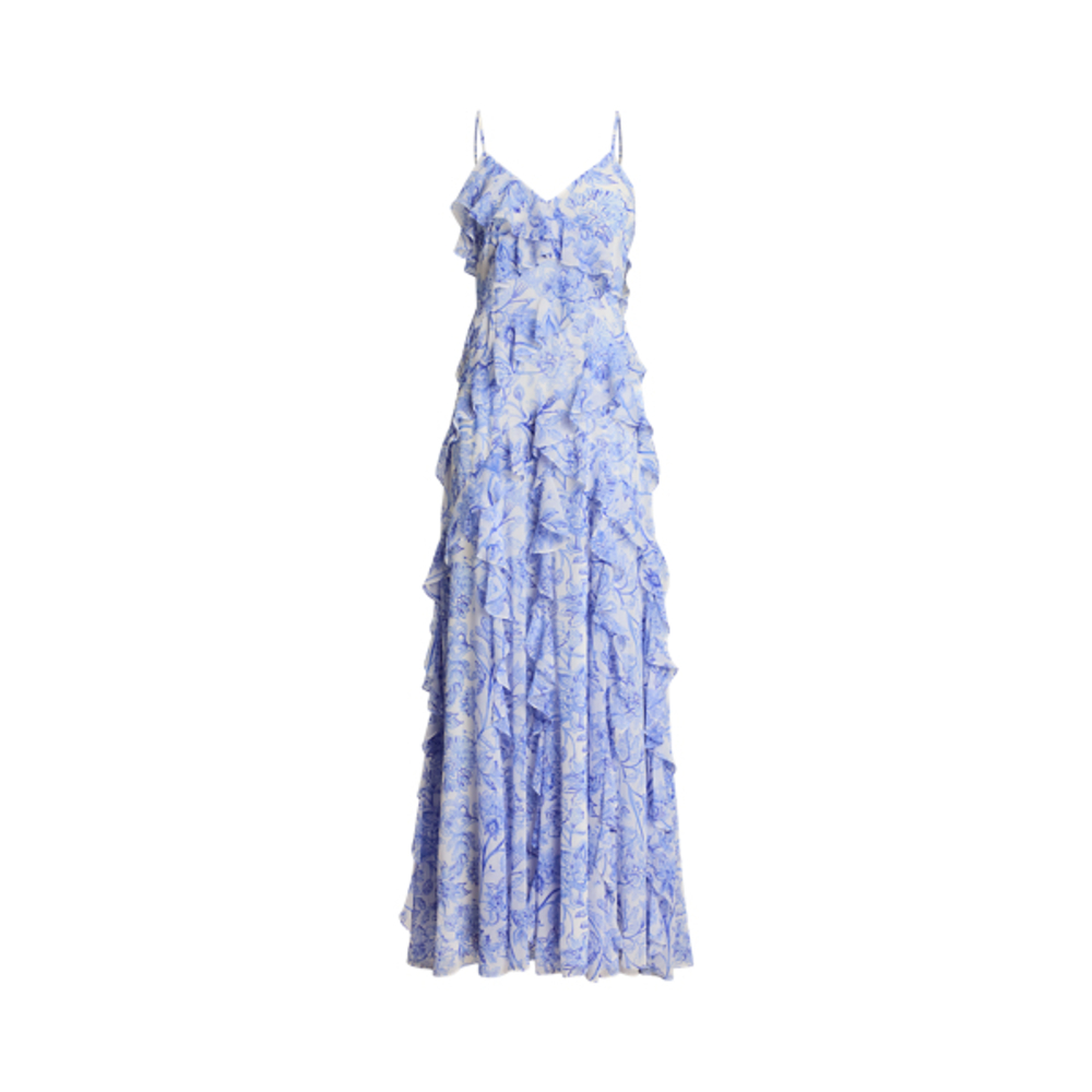 Floral Ruffle-Trim Georgette Gown